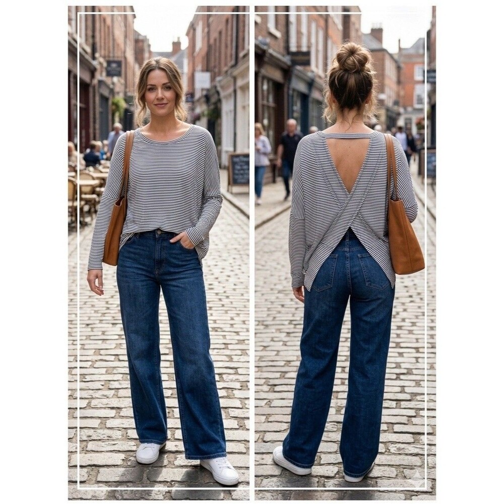 NWT Maronie Black White Striped Knit Open Back Top Crew Neck Long Sleeve Women M